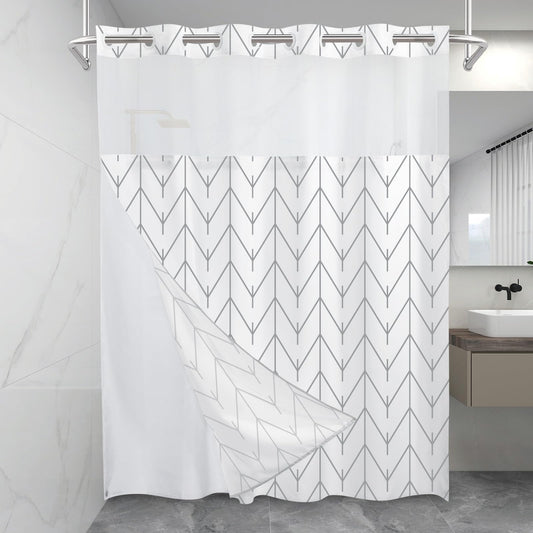 No Hook Geometric Striped Shower Curtain with Snap in Fabric Liner Set - Hotel Shower Curtain and Liner Set with See Through Mesh Top Window,Machine Washable, 71x74 INCH - Grey & White Herringbone