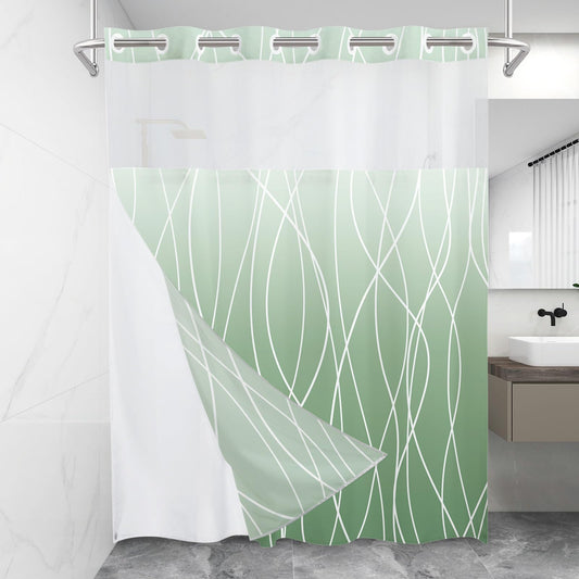 LXBNI No Hook Ombre Green Striped Shower Curtain with Snap in Fabric Liner Set - Hotel Shower Curtain and Liner Set with See Through Mesh Top Window,Machine Washable, 71x74 INCH