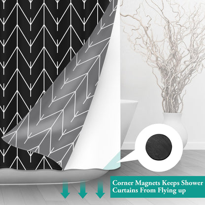 No Hook Geometric Striped Shower Curtain with Snap in Fabric Liner Set - Hotel Shower Curtain and Liner Set with See Through Mesh Top Window,Machine Washable, 71x74 INCH - Black White Herringbone