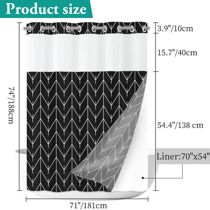 No Hook Geometric Striped Shower Curtain with Snap in Fabric Liner Set - Hotel Shower Curtain and Liner Set with See Through Mesh Top Window,Machine Washable, 71x74 INCH - Black White Herringbone