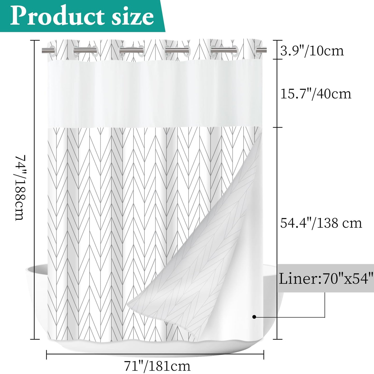 LXBNI No Hook Geometric Striped Shower Curtain with Snap in Fabric Liner Set - Hotel Shower Curtain and Liner Set with See Through Mesh Top Window,Machine Washable, 71x74 INCH- Grey & White Chevron