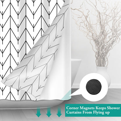 No Hook Geometric Striped Shower Curtain with Snap in Fabric Liner Set - Hotel Shower Curtain and Liner Set with See Through Mesh Top Window,Machine Washable, 71x74 INCH - Black & White Herringbone