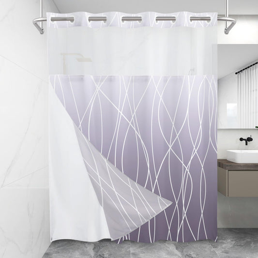 LXBNI No Hook Ombre Purple Striped Shower Curtain with Snap in Fabric Liner Set - Hotel Shower Curtain and Liner Set with See Through Mesh Top Window,Machine Washable, 71x74 INCH