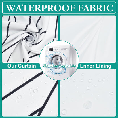 LXBNI No Hook Geometric Striped Shower Curtain with Snap in Fabric Liner Set - Hotel Shower Curtain and Liner Set with See Through Mesh Top Window,Machine Washable, 71x74 INCH - Black White Chevron