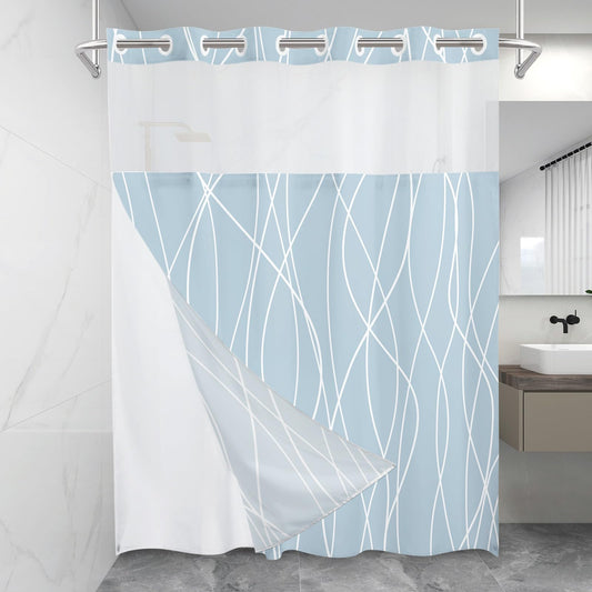 LXBNI No Hook Light Blue Striped Shower Curtain with Snap in Fabric Liner Set - Hotel Shower Curtain and Liner Set with See Through Mesh Top Window,Machine Washable, 71x74 INCH