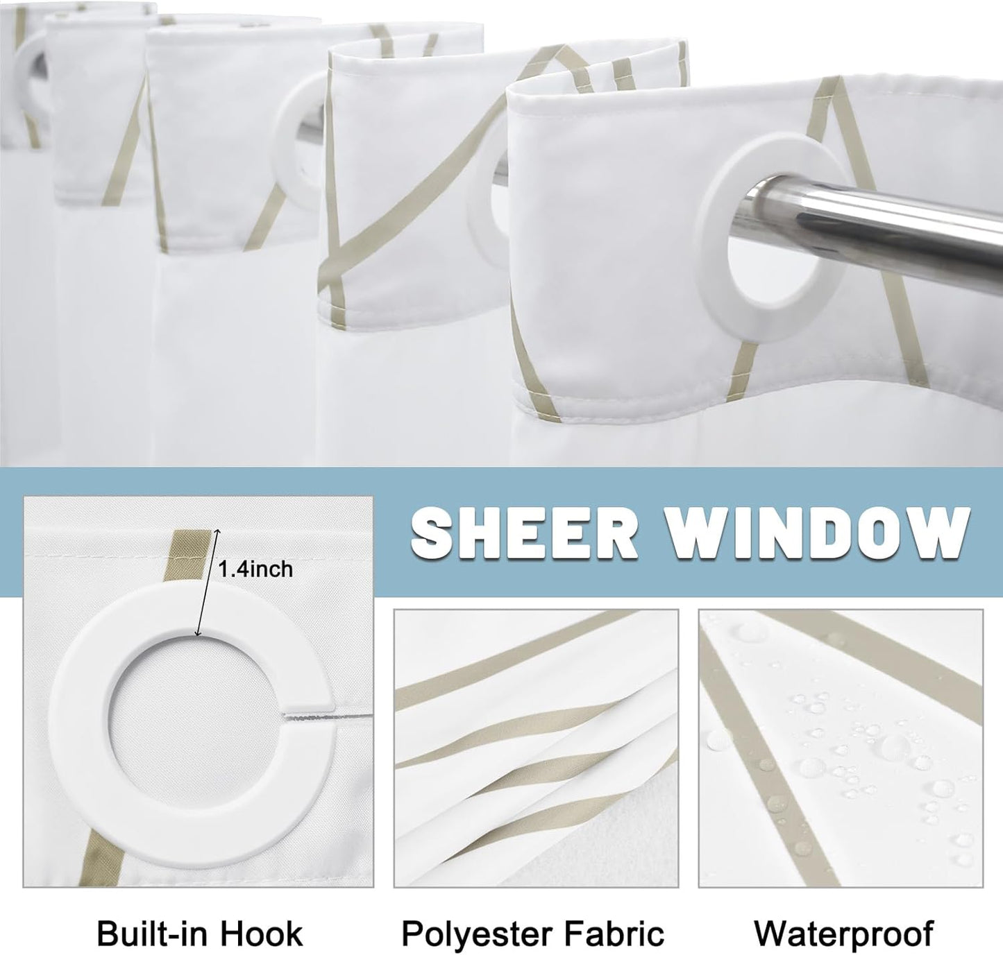 LXBNI No Hook Beige Khaki Striped Shower Curtain with Snap in Liner Set - Hotel Shower Curtain and Liner Set with See Through Mesh Top Window,Machine Washable, 71x74 INCH