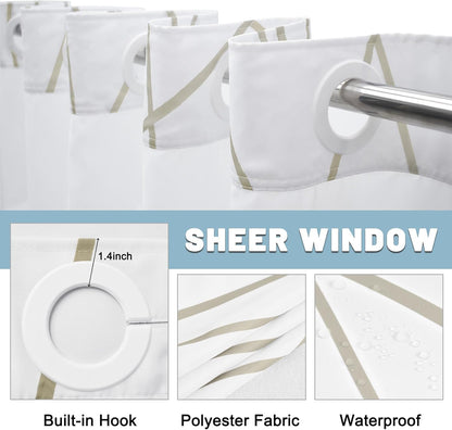 LXBNI No Hook Beige Khaki Striped Shower Curtain with Snap in Liner Set - Hotel Shower Curtain and Liner Set with See Through Mesh Top Window,Machine Washable, 71x74 INCH
