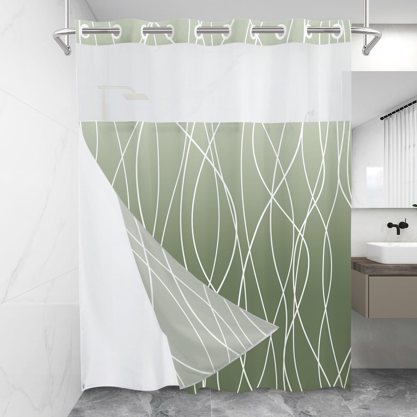 LXBNI No Hook Ombre Sage Green Striped Shower Curtain with Snap in Fabric Liner Set - Hotel Shower Curtain and Liner Set with See Through Mesh Top Window,Machine Washable, 71x74 INCH