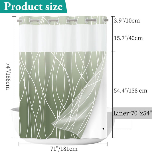 LXBNI No Hook Ombre Sage Green Striped Shower Curtain with Snap in Fabric Liner Set - Hotel Shower Curtain and Liner Set with See Through Mesh Top Window,Machine Washable, 71x74 INCH