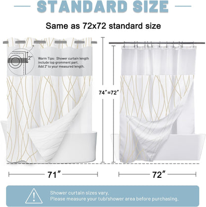 LXBNI No Hook Beige Khaki Striped Shower Curtain with Snap in Liner Set - Hotel Shower Curtain and Liner Set with See Through Mesh Top Window,Machine Washable, 71x74 INCH