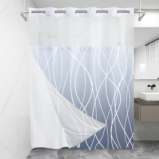 LXBNI No Hook Ombre Blue Striped Shower Curtain with Snap in Fabric Liner Set - Hotel Shower Curtain and Liner Set with See Through Mesh Top Window,Machine Washable, 71x74 INCH