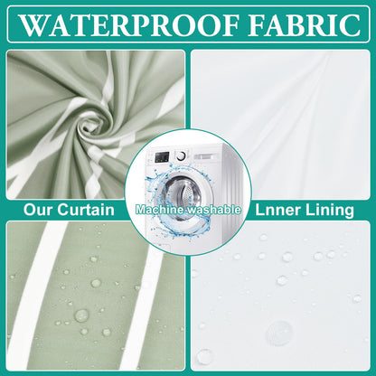 LXBNI No Hook Ombre Sage Green Striped Shower Curtain with Snap in Fabric Liner Set - Hotel Shower Curtain and Liner Set with See Through Mesh Top Window,Machine Washable, 71x74 INCH