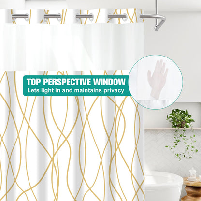 LXBNI No Hook Gold White Striped Shower Curtain with Snap in Fabric Liner Set - Hotel Shower Curtain and Liner Set with See Through Mesh Top Window,Machine Washable, 71x74 INCH