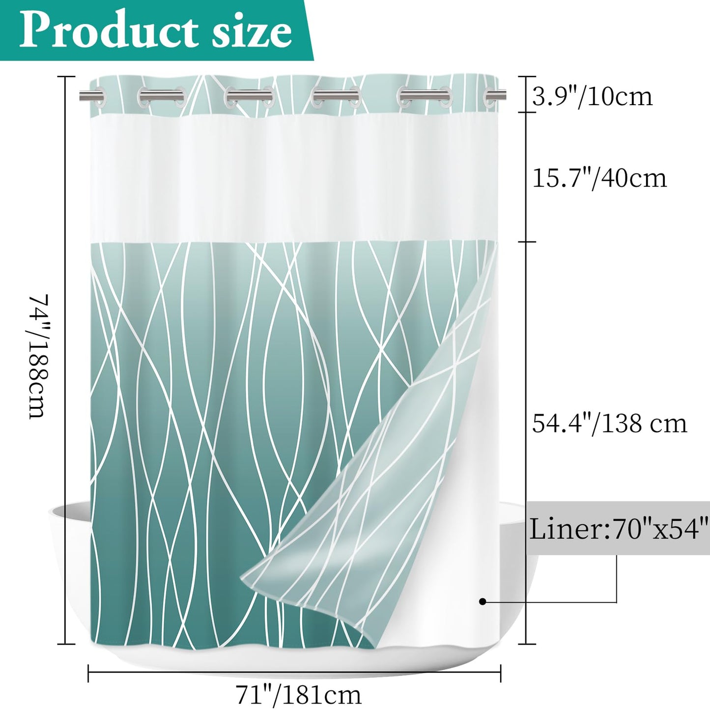 LXBNI No Hook Ombre Teal Striped Shower Curtain with Snap in Fabric Liner Set - Hotel Shower Curtain and Liner Set with See Through Mesh Top Window,Machine Washable, 71x74 INCH