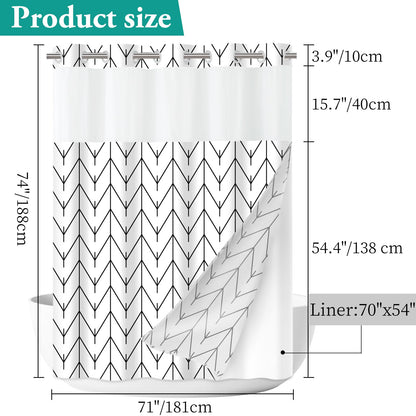 No Hook Geometric Striped Shower Curtain with Snap in Fabric Liner Set - Hotel Shower Curtain and Liner Set with See Through Mesh Top Window,Machine Washable, 71x74 INCH - Black & White Herringbone