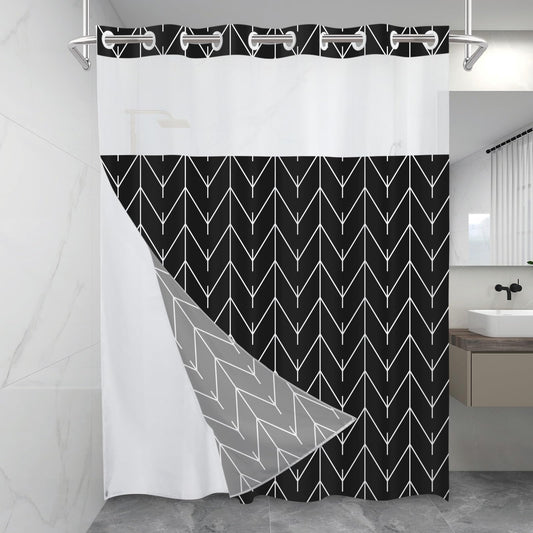 No Hook Geometric Striped Shower Curtain with Snap in Fabric Liner Set - Hotel Shower Curtain and Liner Set with See Through Mesh Top Window,Machine Washable, 71x74 INCH - Black White Herringbone