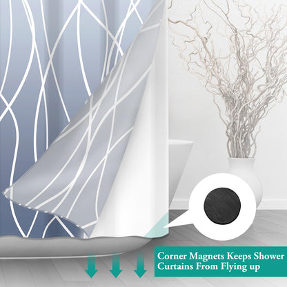 LXBNI No Hook Ombre Blue Striped Shower Curtain with Snap in Fabric Liner Set - Hotel Shower Curtain and Liner Set with See Through Mesh Top Window,Machine Washable, 71x74 INCH