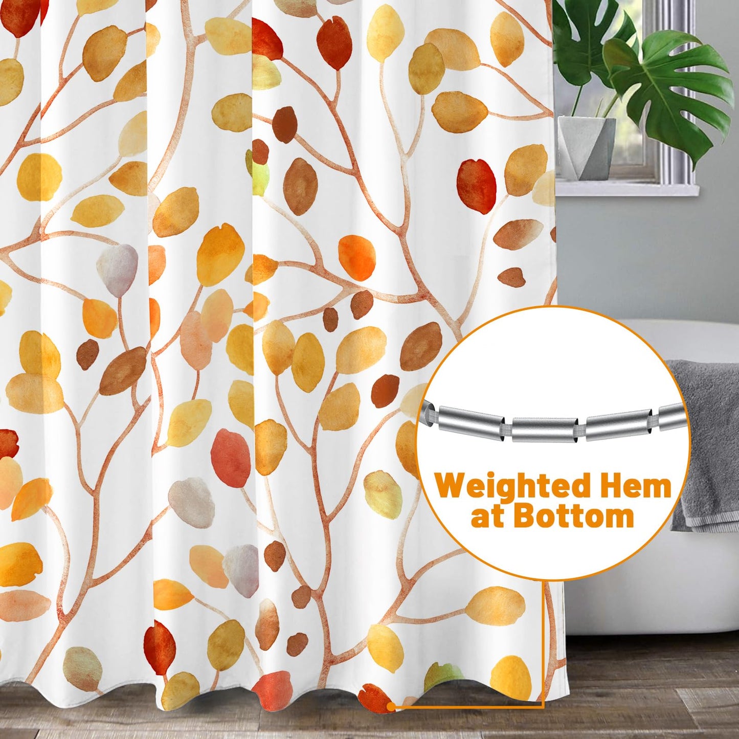 LXBNI Fall Shower Curtain for Bathroom, Colorful Boho Floral Shower Curtains, Modern Autumn Plants Abstract Tree Leaves Bath Curtain with Hooks, Waterproof Fabric 72x72 Inches, Brown Red