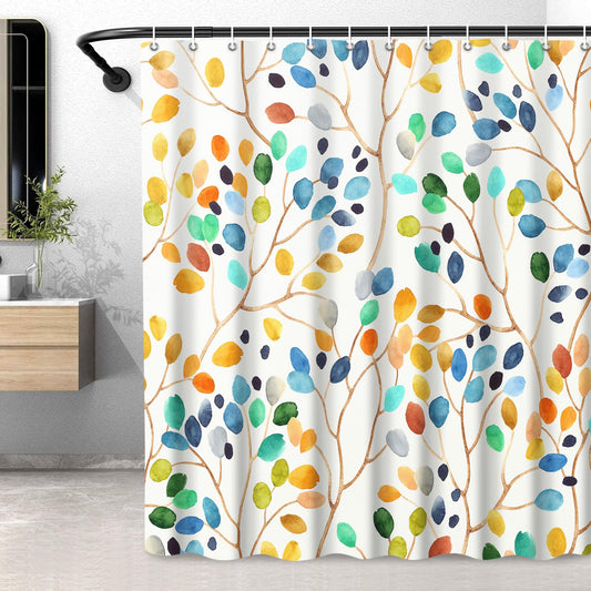 LXBNI Boho Floral Shower Curtains for Bathroom, Bright Watercolor Flower Plant Shower Curtain, Abstract Colorful Leaves Bath Curtain with 12 Plastic Hooks,72x72 Inches, Yellow Blue Multi Color