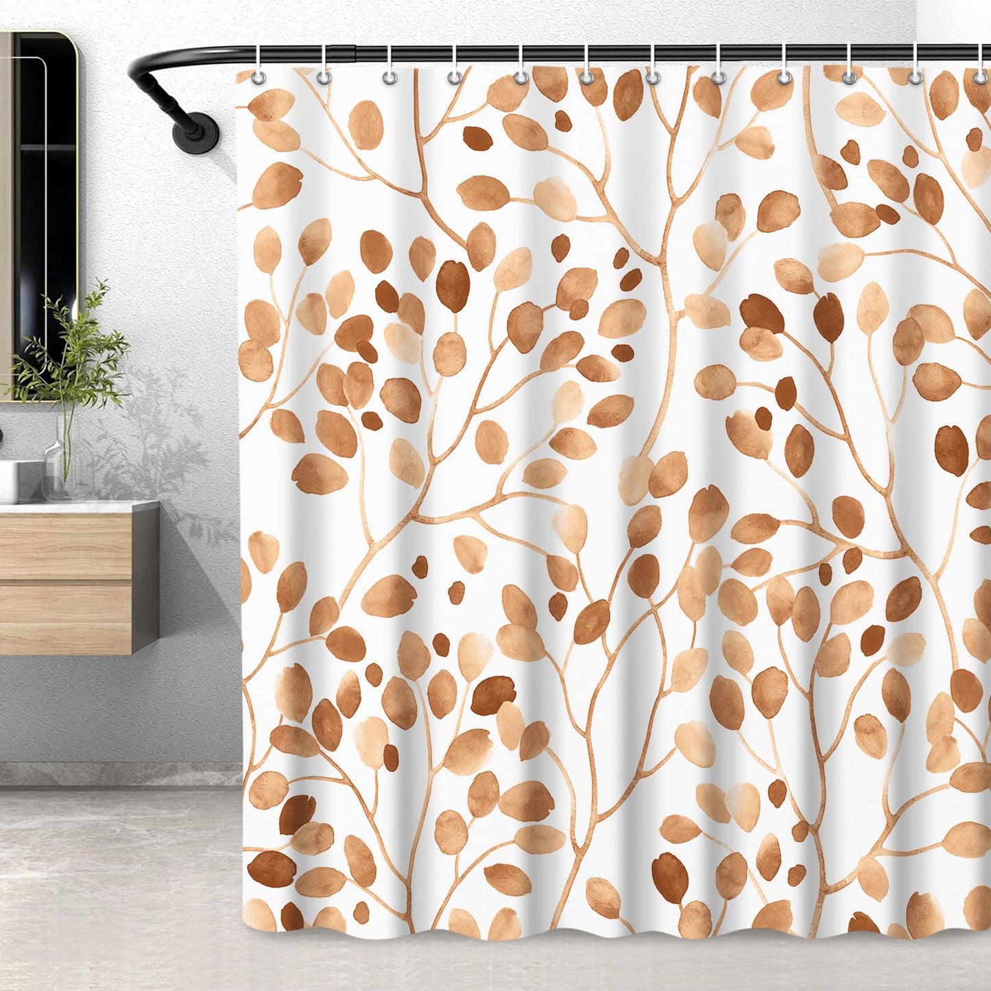 LXBNI Boho Brown Shower Curtain for Bathroom, Botanical Leaf Bath Curtain, Waterproof Abstract Plant Leaves Bathroom Shower Curtain Set with Hooks, 72x72 Inches