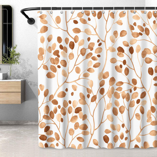 LXBNI Boho Brown Shower Curtain for Bathroom, Botanical Leaf Bath Curtain, Waterproof Abstract Plant Leaves Bathroom Shower Curtain Set with Hooks, 72x72 Inches